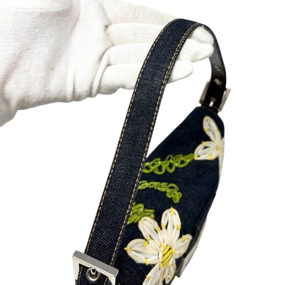 FENDI Vintage FF Logo Mamma Baguette Denim Shoulder Bag Flower Blue [106339] - Picture 11 of 12